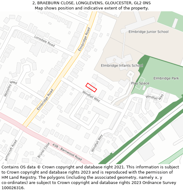 2, BRAEBURN CLOSE, LONGLEVENS, GLOUCESTER, GL2 0NS: Location map and indicative extent of plot