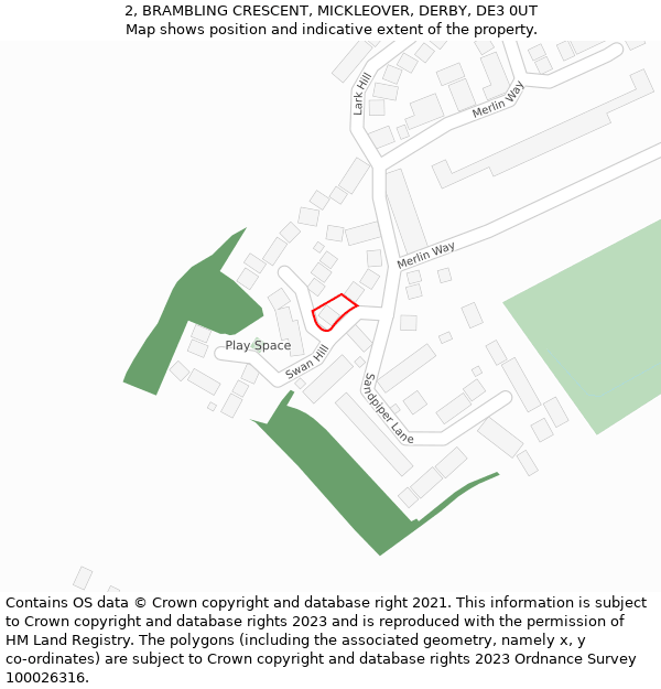 2, BRAMBLING CRESCENT, MICKLEOVER, DERBY, DE3 0UT: Location map and indicative extent of plot