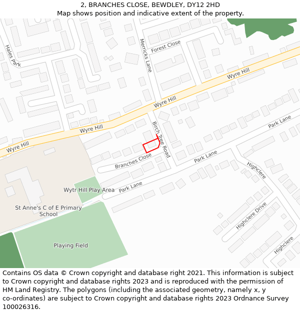 2, BRANCHES CLOSE, BEWDLEY, DY12 2HD: Location map and indicative extent of plot