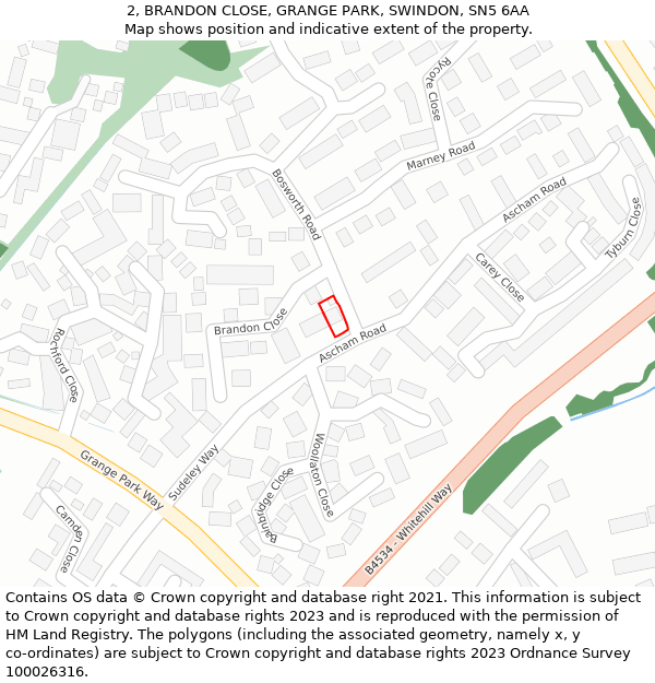 2, BRANDON CLOSE, GRANGE PARK, SWINDON, SN5 6AA: Location map and indicative extent of plot