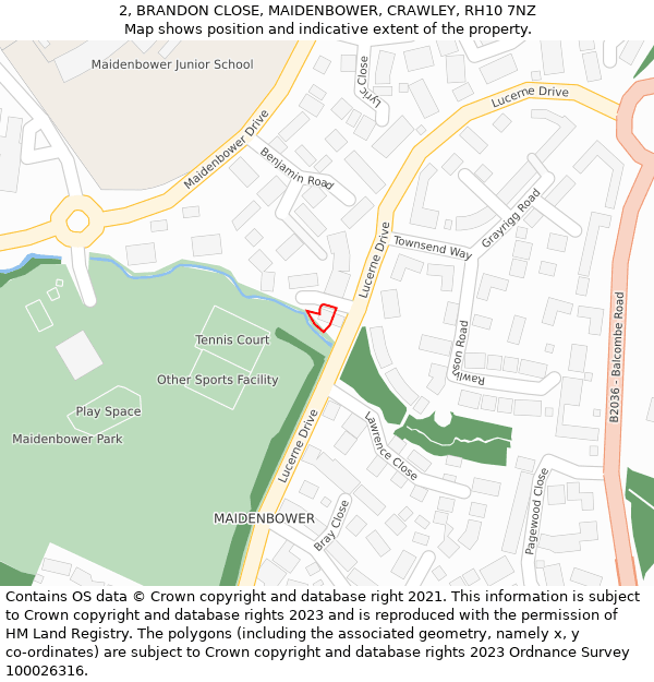2, BRANDON CLOSE, MAIDENBOWER, CRAWLEY, RH10 7NZ: Location map and indicative extent of plot