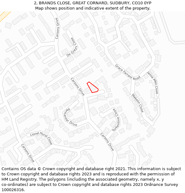 2, BRANDS CLOSE, GREAT CORNARD, SUDBURY, CO10 0YP: Location map and indicative extent of plot