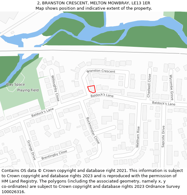 2, BRANSTON CRESCENT, MELTON MOWBRAY, LE13 1ER: Location map and indicative extent of plot