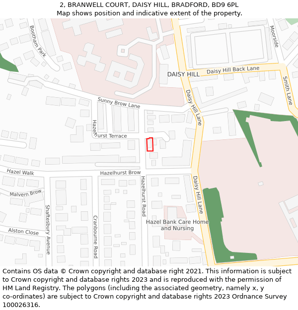 2, BRANWELL COURT, DAISY HILL, BRADFORD, BD9 6PL: Location map and indicative extent of plot
