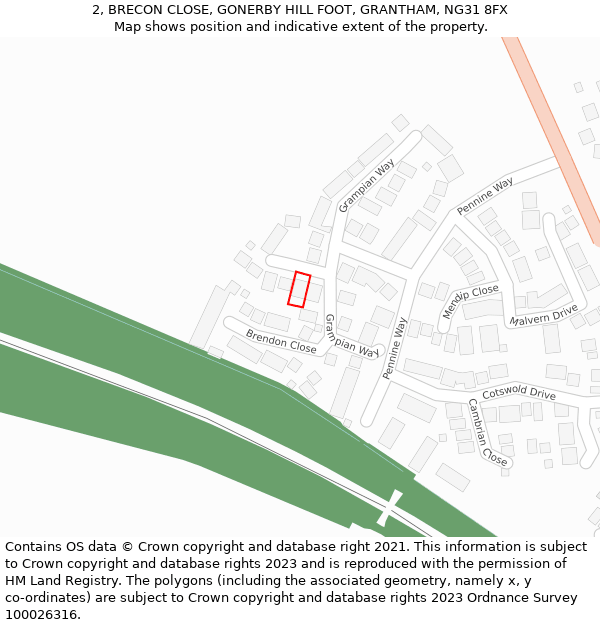 2, BRECON CLOSE, GONERBY HILL FOOT, GRANTHAM, NG31 8FX: Location map and indicative extent of plot