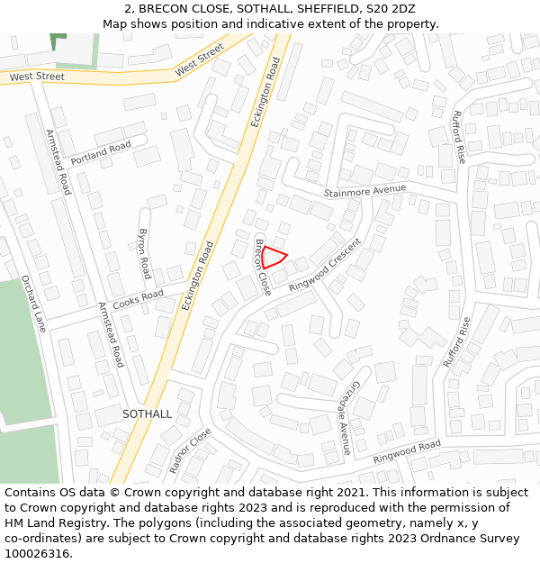 2, BRECON CLOSE, SOTHALL, SHEFFIELD, S20 2DZ: Location map and indicative extent of plot