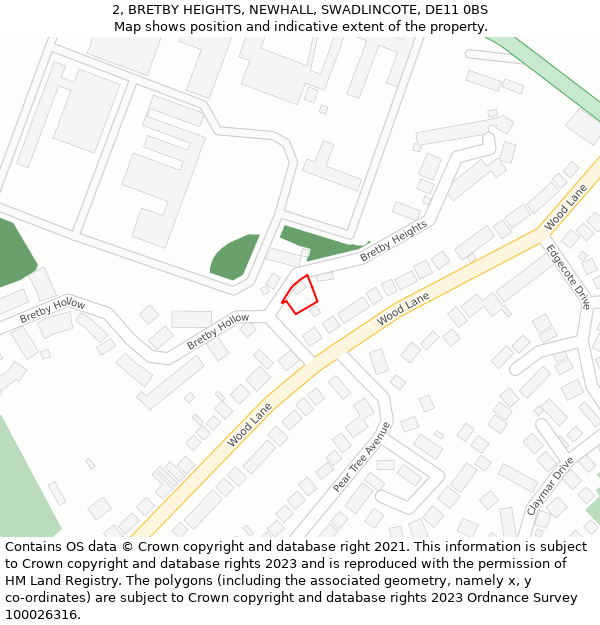 2, BRETBY HEIGHTS, NEWHALL, SWADLINCOTE, DE11 0BS: Location map and indicative extent of plot