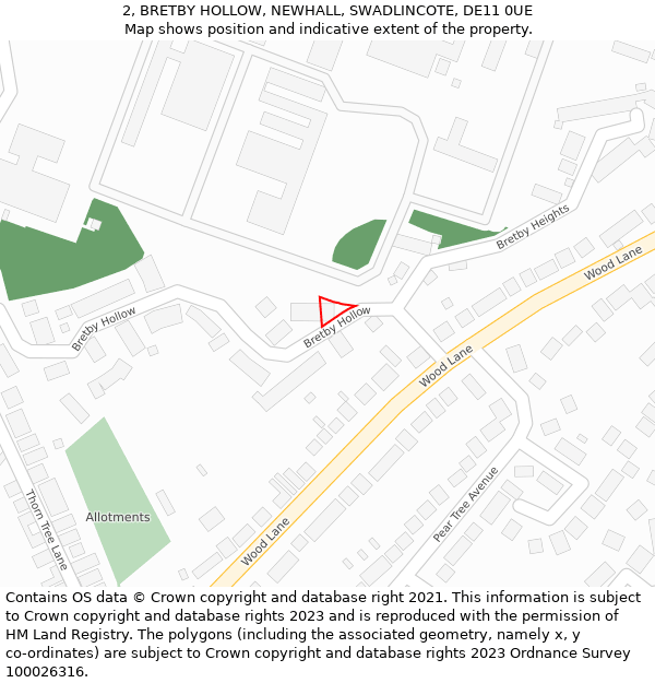 2, BRETBY HOLLOW, NEWHALL, SWADLINCOTE, DE11 0UE: Location map and indicative extent of plot
