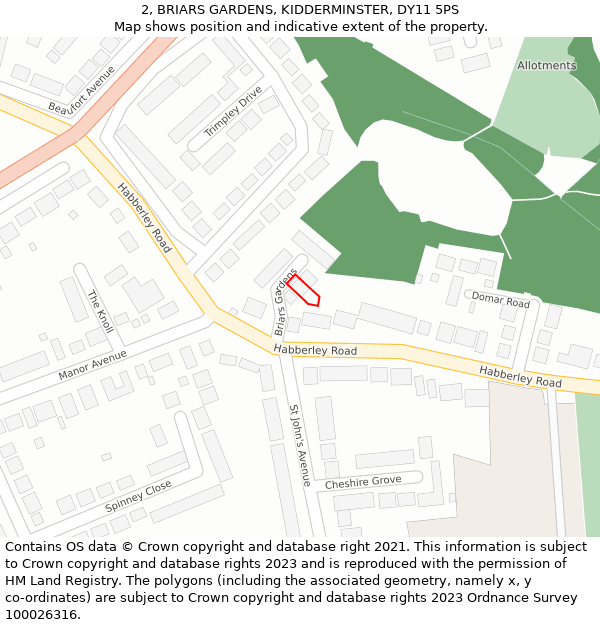 2, BRIARS GARDENS, KIDDERMINSTER, DY11 5PS: Location map and indicative extent of plot