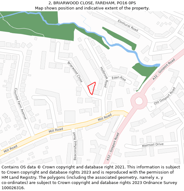 2, BRIARWOOD CLOSE, FAREHAM, PO16 0PS: Location map and indicative extent of plot