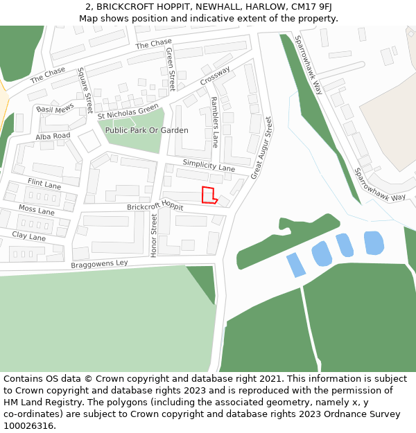 2, BRICKCROFT HOPPIT, NEWHALL, HARLOW, CM17 9FJ: Location map and indicative extent of plot