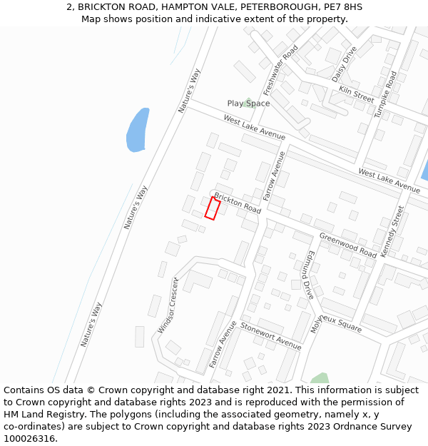 2, BRICKTON ROAD, HAMPTON VALE, PETERBOROUGH, PE7 8HS: Location map and indicative extent of plot