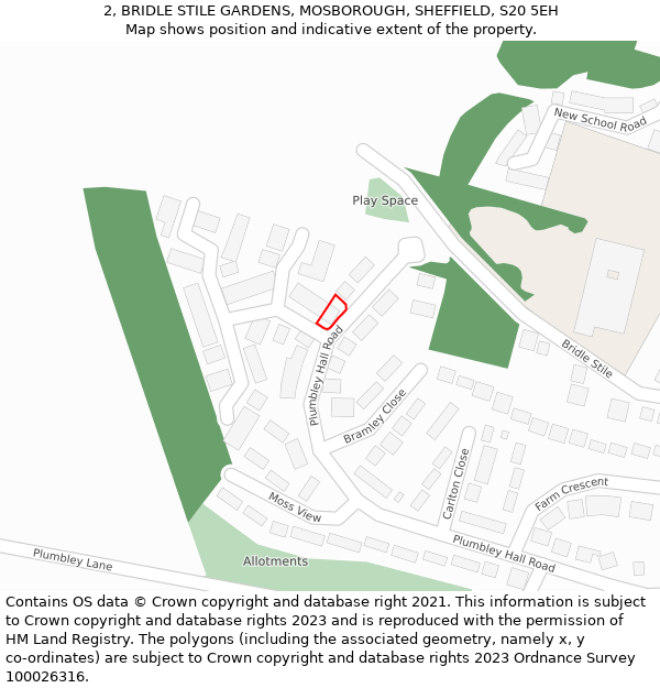 2, BRIDLE STILE GARDENS, MOSBOROUGH, SHEFFIELD, S20 5EH: Location map and indicative extent of plot