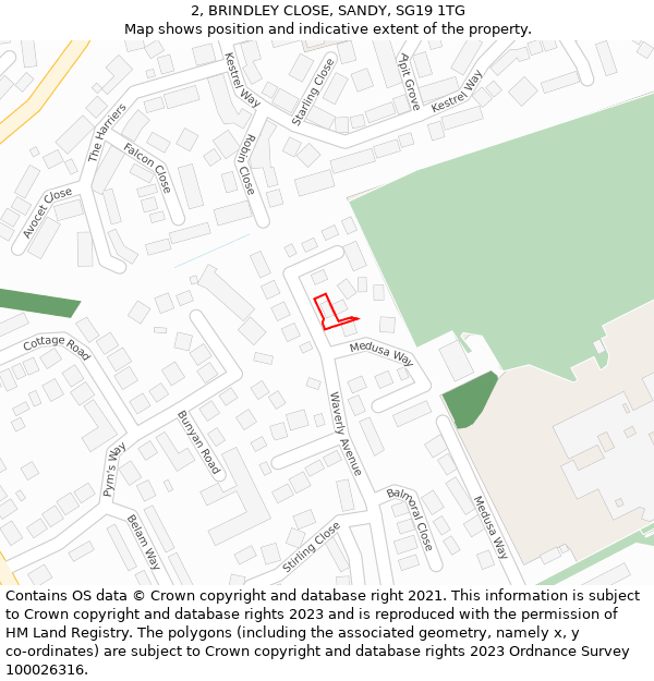 2, BRINDLEY CLOSE, SANDY, SG19 1TG: Location map and indicative extent of plot