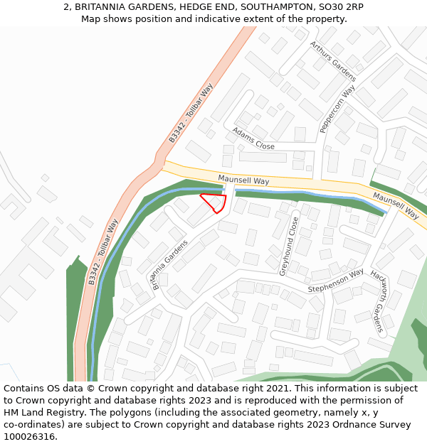 2, BRITANNIA GARDENS, HEDGE END, SOUTHAMPTON, SO30 2RP: Location map and indicative extent of plot