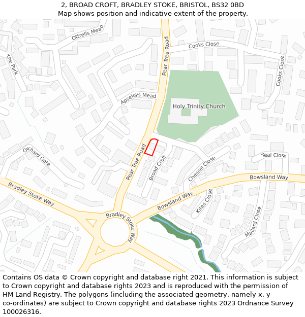 2, BROAD CROFT, BRADLEY STOKE, BRISTOL, BS32 0BD: Location map and indicative extent of plot