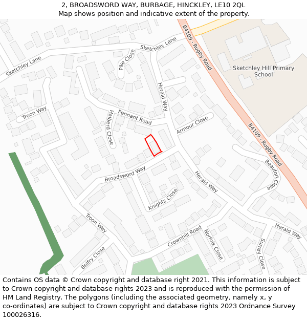 2, BROADSWORD WAY, BURBAGE, HINCKLEY, LE10 2QL: Location map and indicative extent of plot