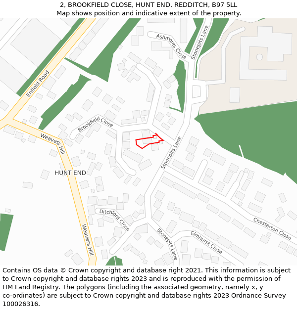 2, BROOKFIELD CLOSE, HUNT END, REDDITCH, B97 5LL: Location map and indicative extent of plot