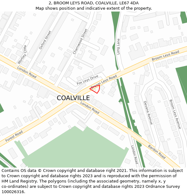 2, BROOM LEYS ROAD, COALVILLE, LE67 4DA: Location map and indicative extent of plot