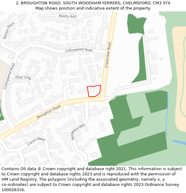 2, BROUGHTON ROAD, SOUTH WOODHAM FERRERS, CHELMSFORD, CM3 5YX: Location map and indicative extent of plot