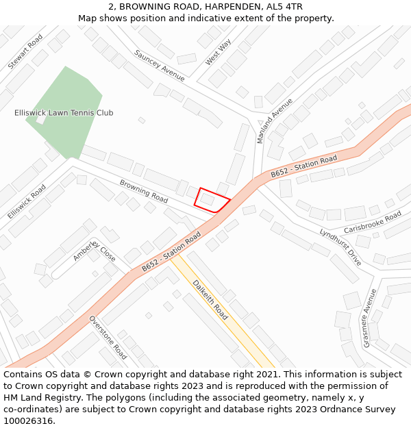 2, BROWNING ROAD, HARPENDEN, AL5 4TR: Location map and indicative extent of plot