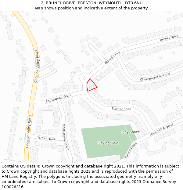 2, BRUNEL DRIVE, PRESTON, WEYMOUTH, DT3 6NU: Location map and indicative extent of plot