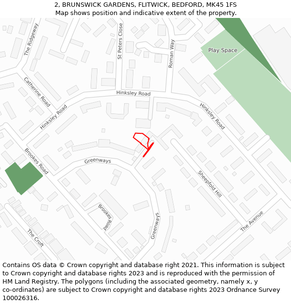 2, BRUNSWICK GARDENS, FLITWICK, BEDFORD, MK45 1FS: Location map and indicative extent of plot