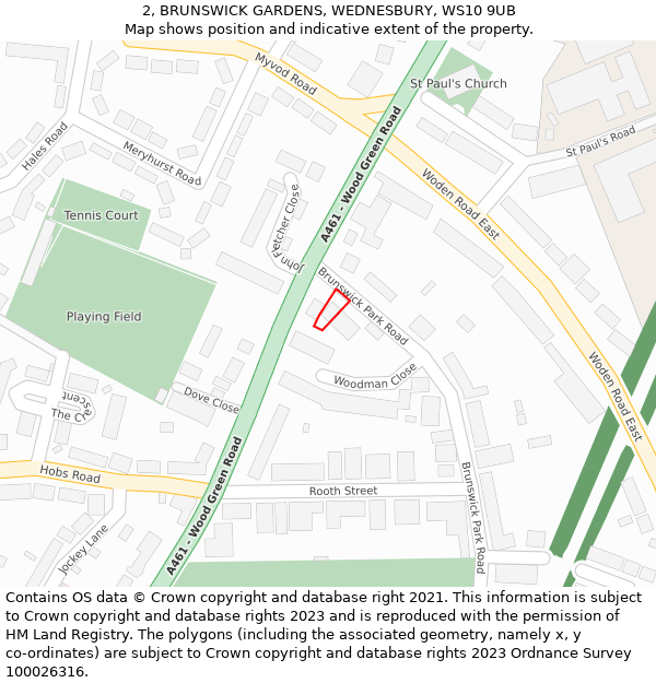 2, BRUNSWICK GARDENS, WEDNESBURY, WS10 9UB: Location map and indicative extent of plot