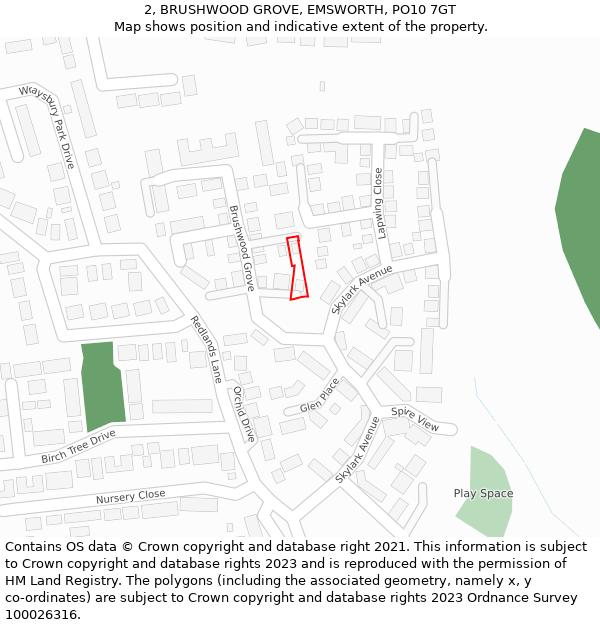 2, BRUSHWOOD GROVE, EMSWORTH, PO10 7GT: Location map and indicative extent of plot