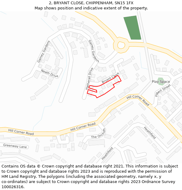 2, BRYANT CLOSE, CHIPPENHAM, SN15 1FX: Location map and indicative extent of plot