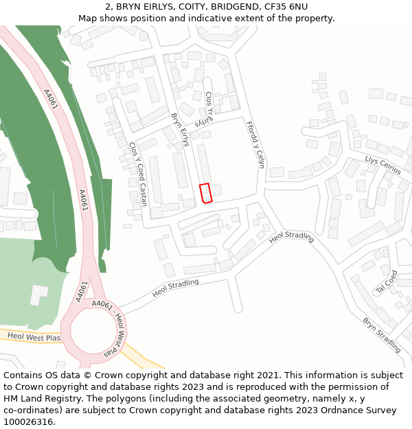 2, BRYN EIRLYS, COITY, BRIDGEND, CF35 6NU: Location map and indicative extent of plot