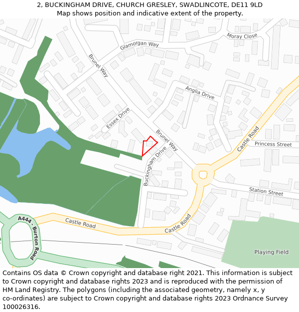 2, BUCKINGHAM DRIVE, CHURCH GRESLEY, SWADLINCOTE, DE11 9LD: Location map and indicative extent of plot