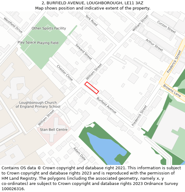 2, BURFIELD AVENUE, LOUGHBOROUGH, LE11 3AZ: Location map and indicative extent of plot