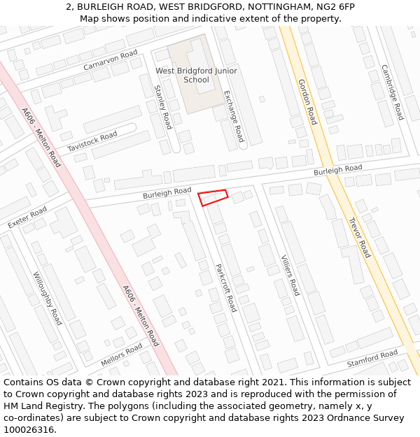 2, BURLEIGH ROAD, WEST BRIDGFORD, NOTTINGHAM, NG2 6FP: Location map and indicative extent of plot