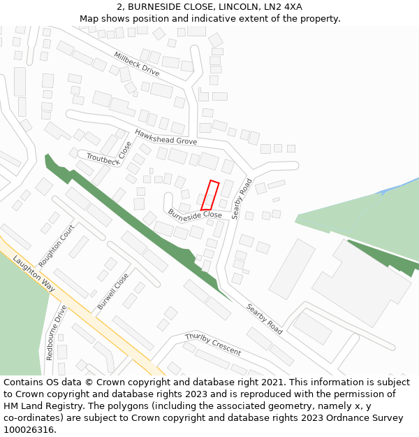 2, BURNESIDE CLOSE, LINCOLN, LN2 4XA: Location map and indicative extent of plot