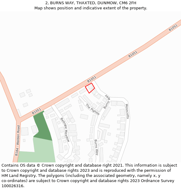 2, BURNS WAY, THAXTED, DUNMOW, CM6 2FH: Location map and indicative extent of plot