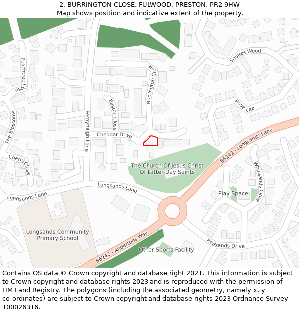 2, BURRINGTON CLOSE, FULWOOD, PRESTON, PR2 9HW: Location map and indicative extent of plot