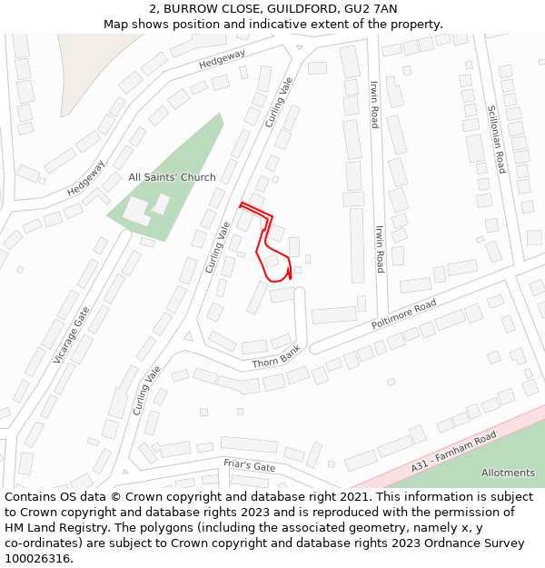 2, BURROW CLOSE, GUILDFORD, GU2 7AN: Location map and indicative extent of plot