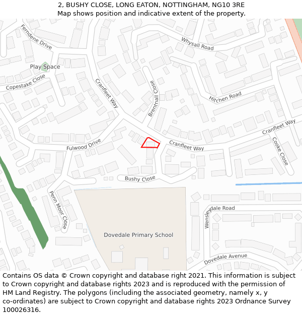 2, BUSHY CLOSE, LONG EATON, NOTTINGHAM, NG10 3RE: Location map and indicative extent of plot