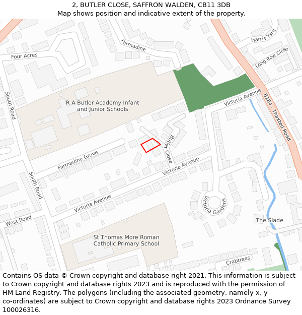 2, BUTLER CLOSE, SAFFRON WALDEN, CB11 3DB: Location map and indicative extent of plot