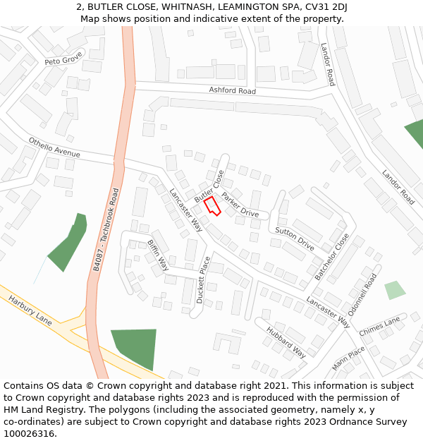 2, BUTLER CLOSE, WHITNASH, LEAMINGTON SPA, CV31 2DJ: Location map and indicative extent of plot