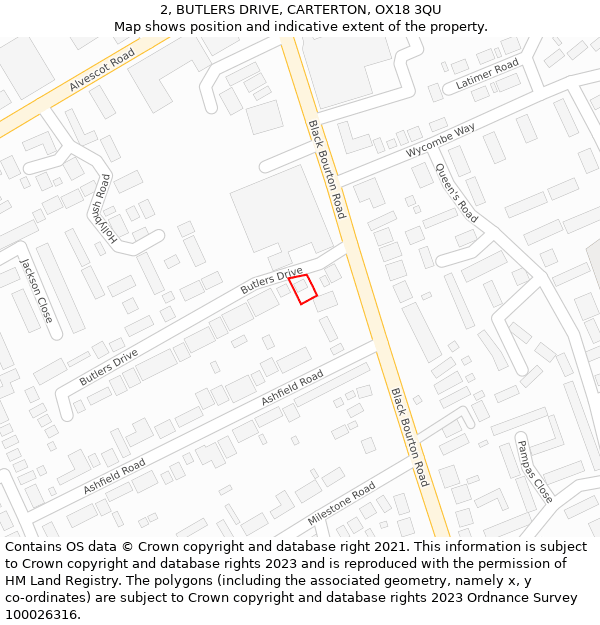 2, BUTLERS DRIVE, CARTERTON, OX18 3QU: Location map and indicative extent of plot