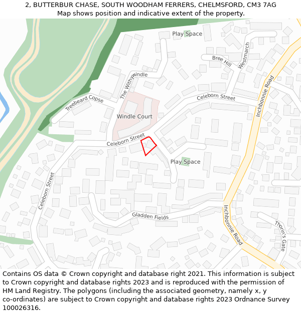 2, BUTTERBUR CHASE, SOUTH WOODHAM FERRERS, CHELMSFORD, CM3 7AG: Location map and indicative extent of plot