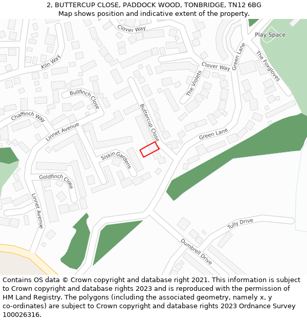 2, BUTTERCUP CLOSE, PADDOCK WOOD, TONBRIDGE, TN12 6BG: Location map and indicative extent of plot