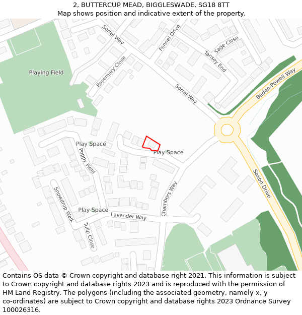 2, BUTTERCUP MEAD, BIGGLESWADE, SG18 8TT: Location map and indicative extent of plot