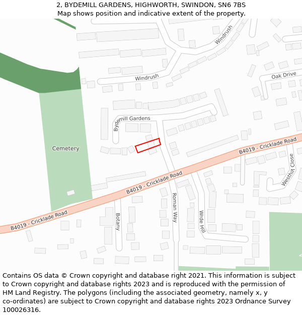 2, BYDEMILL GARDENS, HIGHWORTH, SWINDON, SN6 7BS: Location map and indicative extent of plot