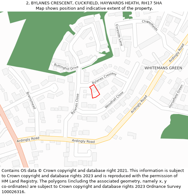 2, BYLANES CRESCENT, CUCKFIELD, HAYWARDS HEATH, RH17 5HA: Location map and indicative extent of plot