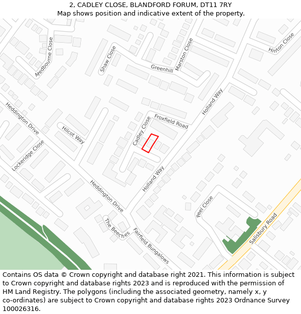 2, CADLEY CLOSE, BLANDFORD FORUM, DT11 7RY: Location map and indicative extent of plot