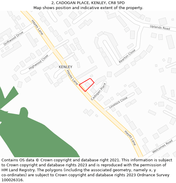2, CADOGAN PLACE, KENLEY, CR8 5PD: Location map and indicative extent of plot