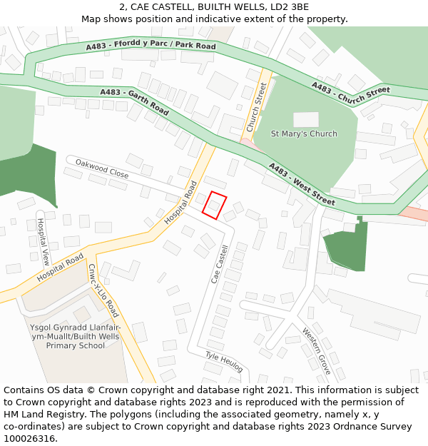 2, CAE CASTELL, BUILTH WELLS, LD2 3BE: Location map and indicative extent of plot